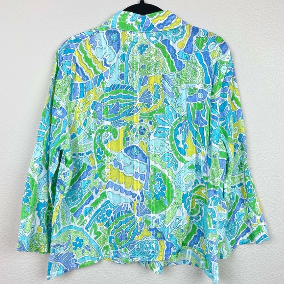 VTG Alfred Dunner Women's 14P Semi Sheer Colorful Fish Print Blouse Roll Tab - Picture 8 of 11